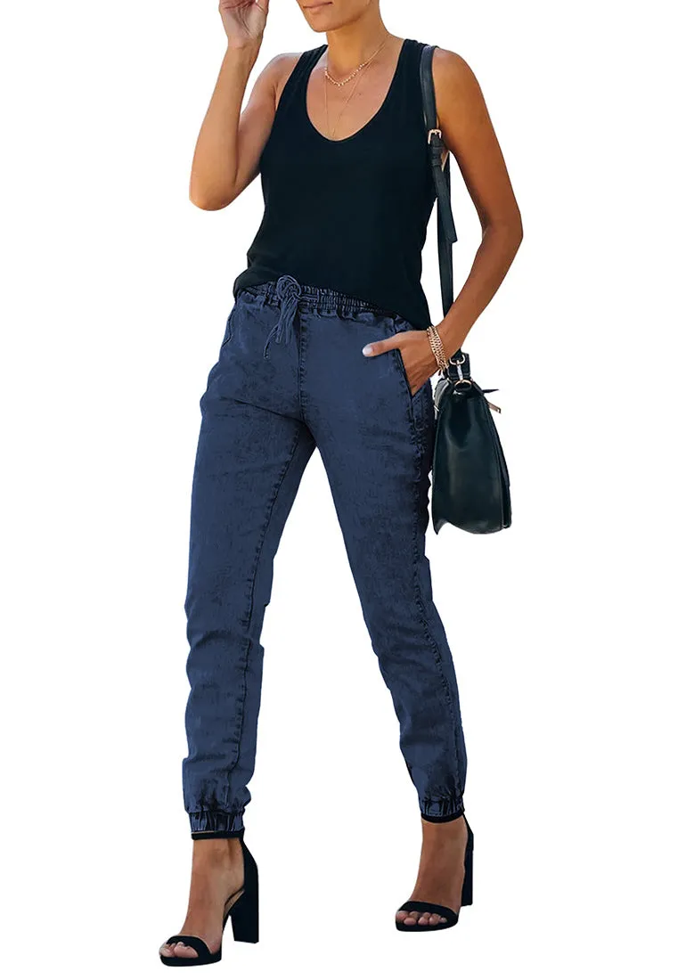 Deep Blue Elastic-Waist Welt Pockets Denim Jogger Pants