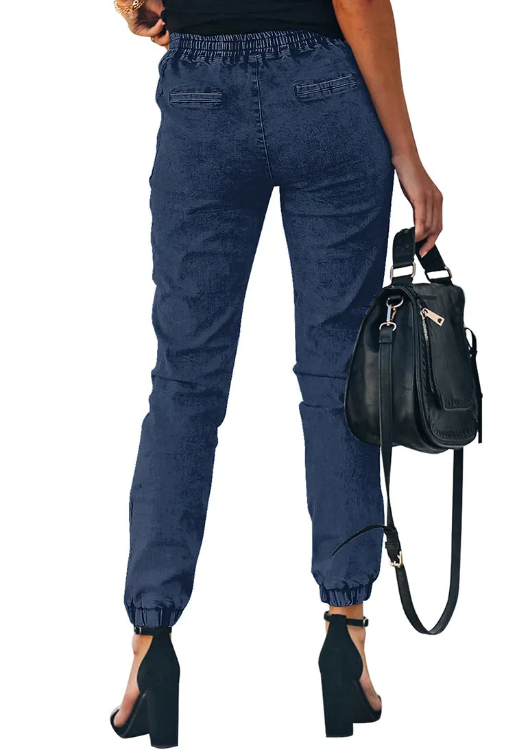 Deep Blue Elastic-Waist Welt Pockets Denim Jogger Pants