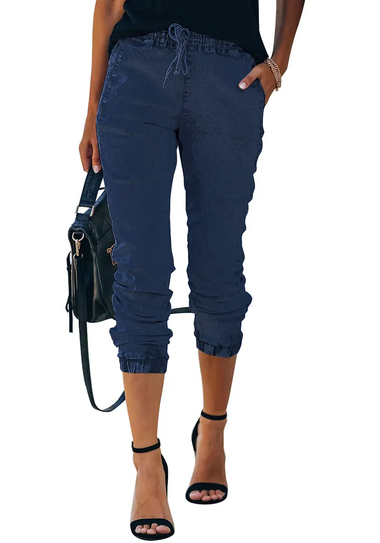 Deep Blue Elastic-Waist Welt Pockets Denim Jogger Pants