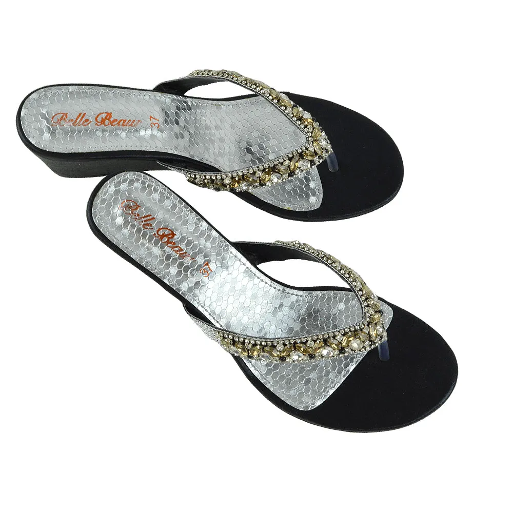 DELILAH TOE POST FRONT DIAMANTE STRAPPY WEDGE LOW MID HEEL THONG SANDALS IN BLACK