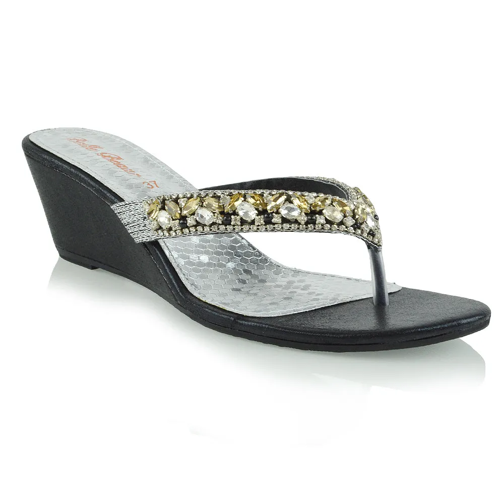 DELILAH TOE POST FRONT DIAMANTE STRAPPY WEDGE LOW MID HEEL THONG SANDALS IN BLACK