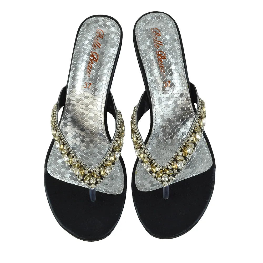 DELILAH TOE POST FRONT DIAMANTE STRAPPY WEDGE LOW MID HEEL THONG SANDALS IN BLACK