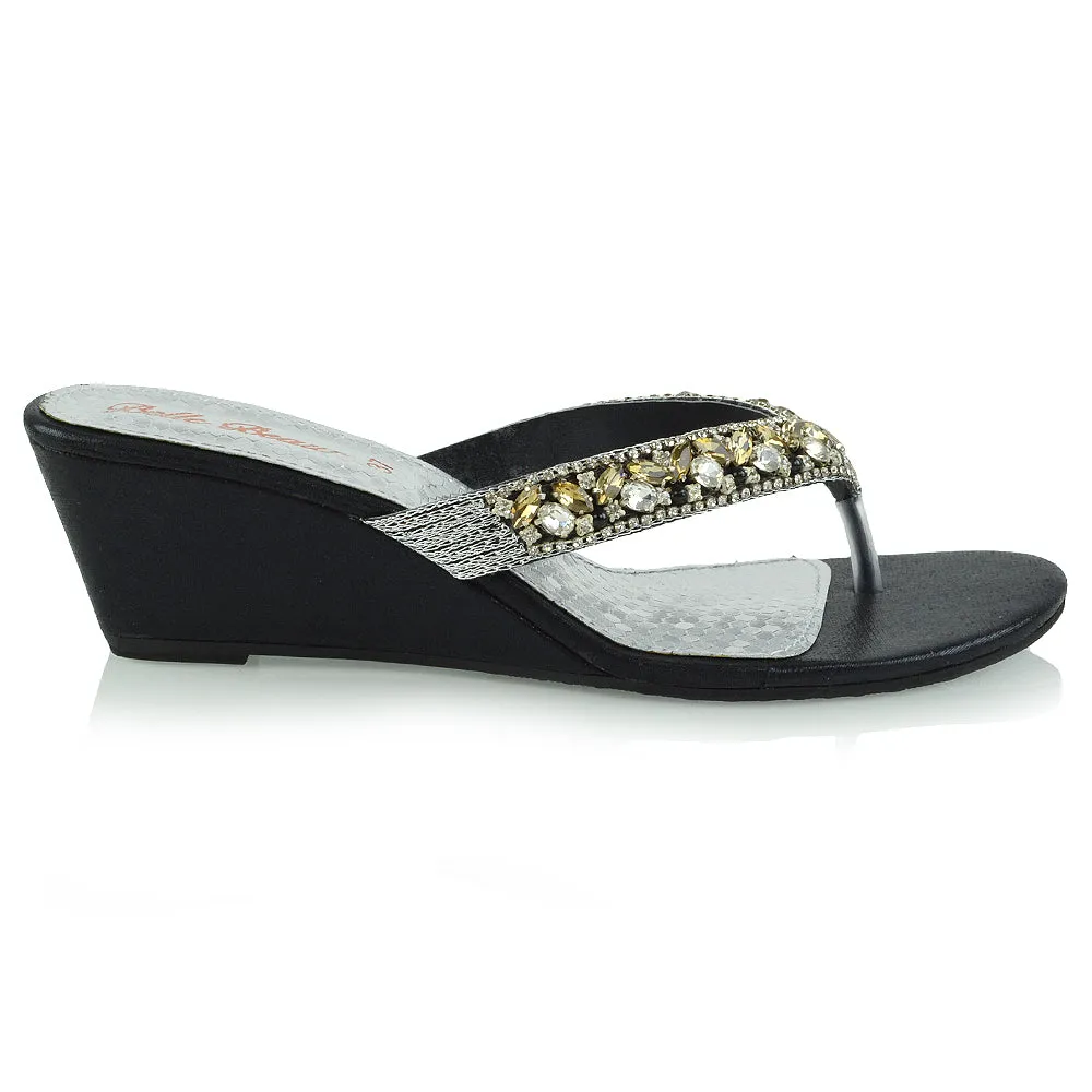 DELILAH TOE POST FRONT DIAMANTE STRAPPY WEDGE LOW MID HEEL THONG SANDALS IN BLACK