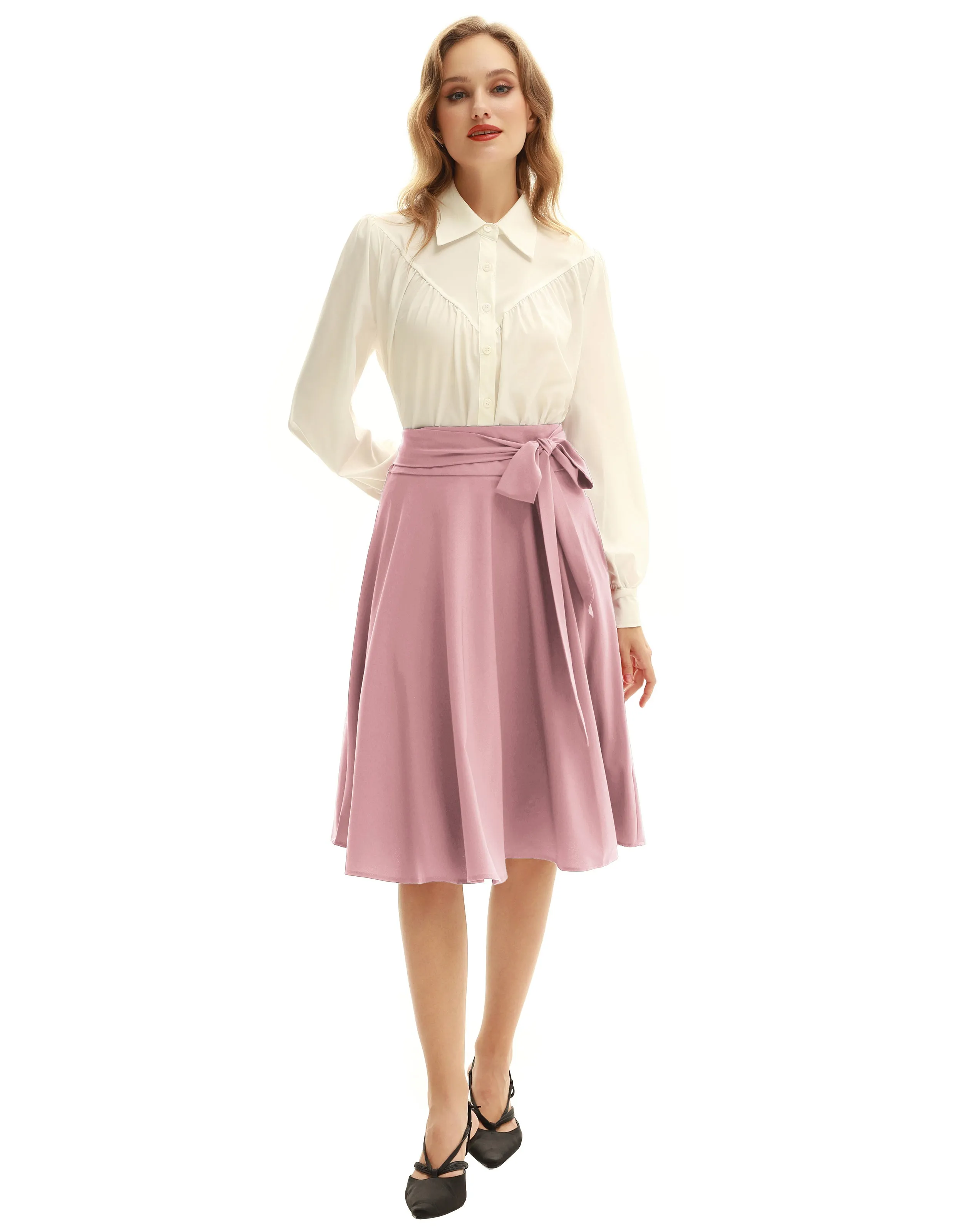 Floral Patterns Women's High Waist Bow Decorated A-Line Pockets Skirt