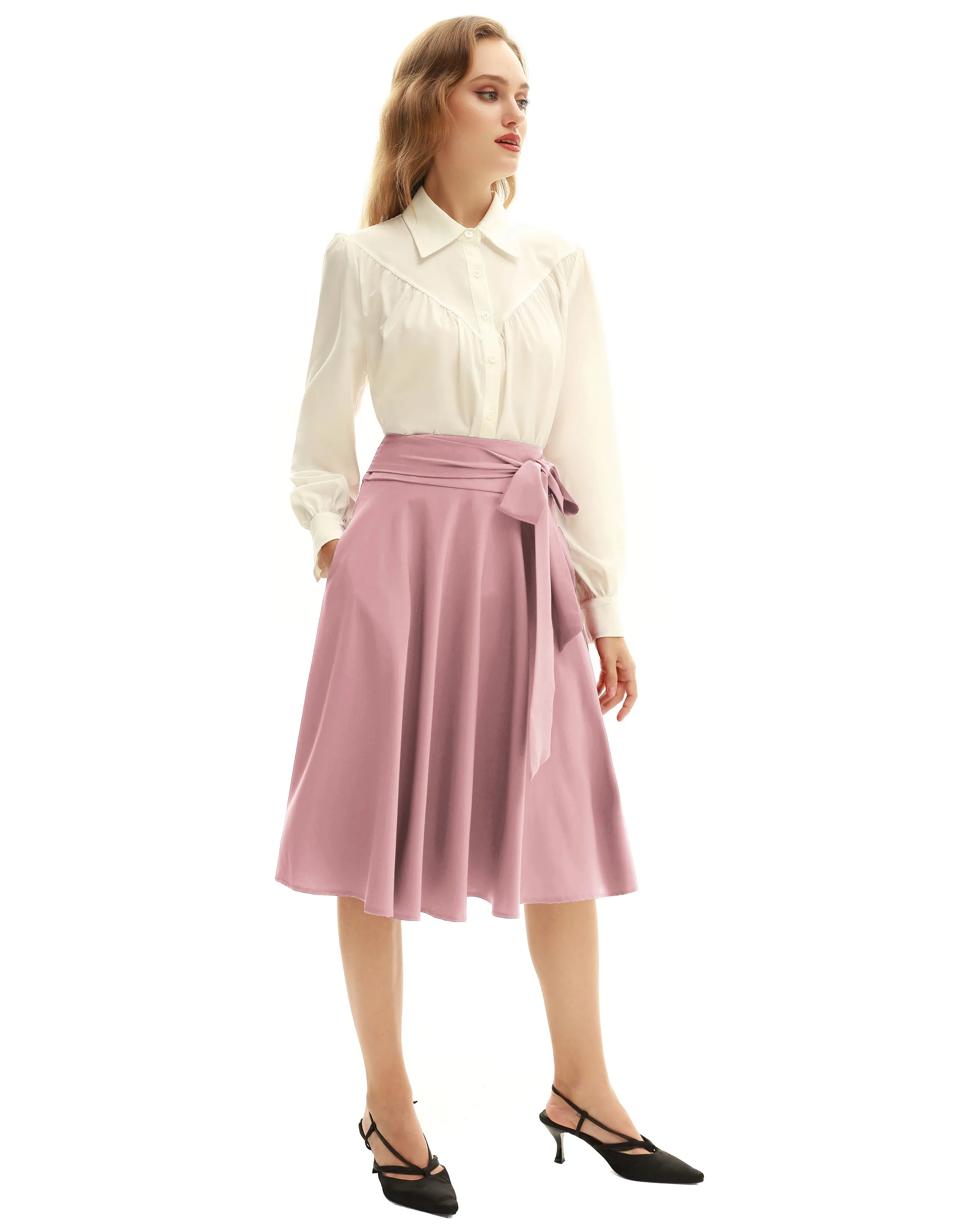 Floral Patterns Women's High Waist Bow Decorated A-Line Pockets Skirt