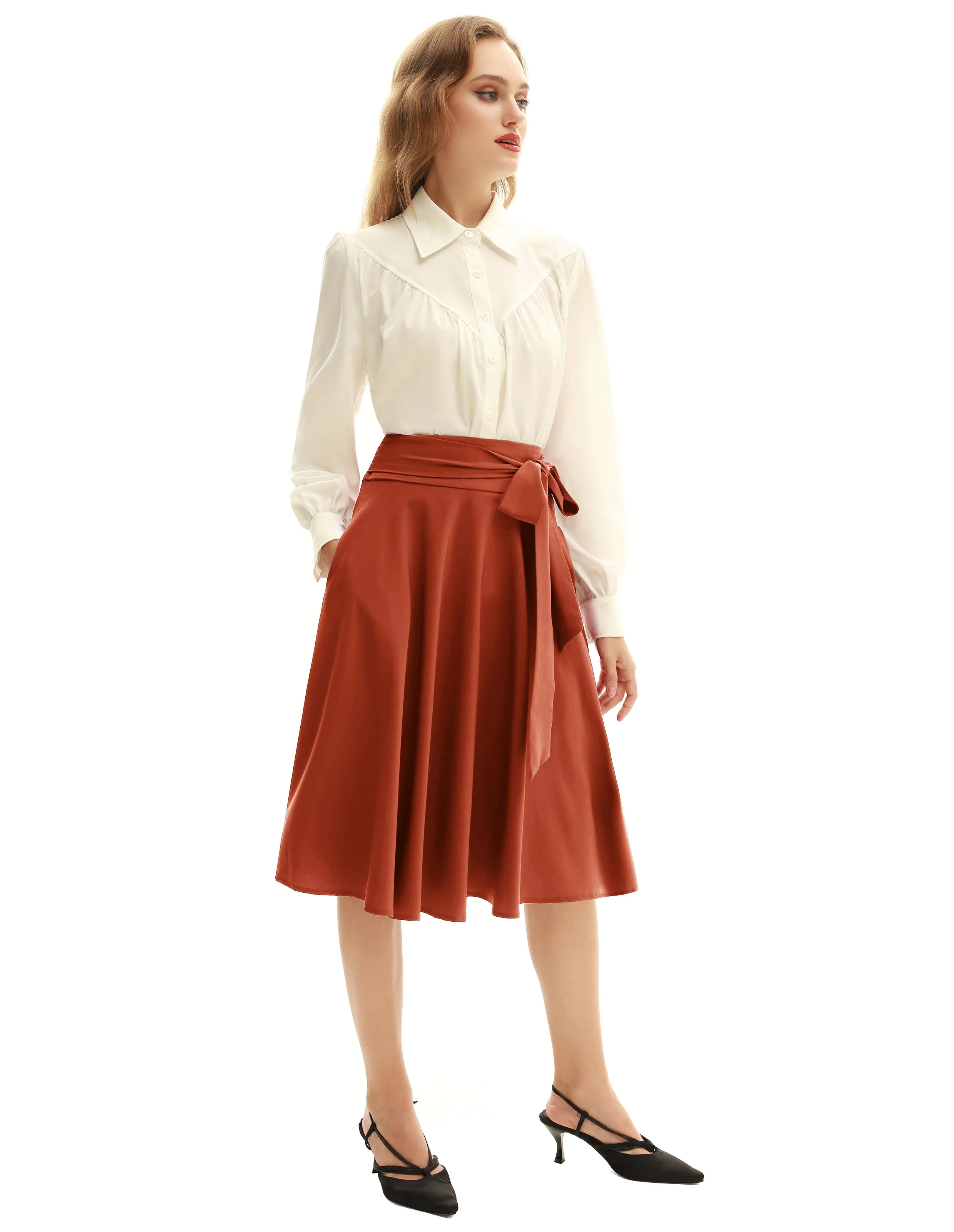 Floral Patterns Women's High Waist Bow Decorated A-Line Pockets Skirt