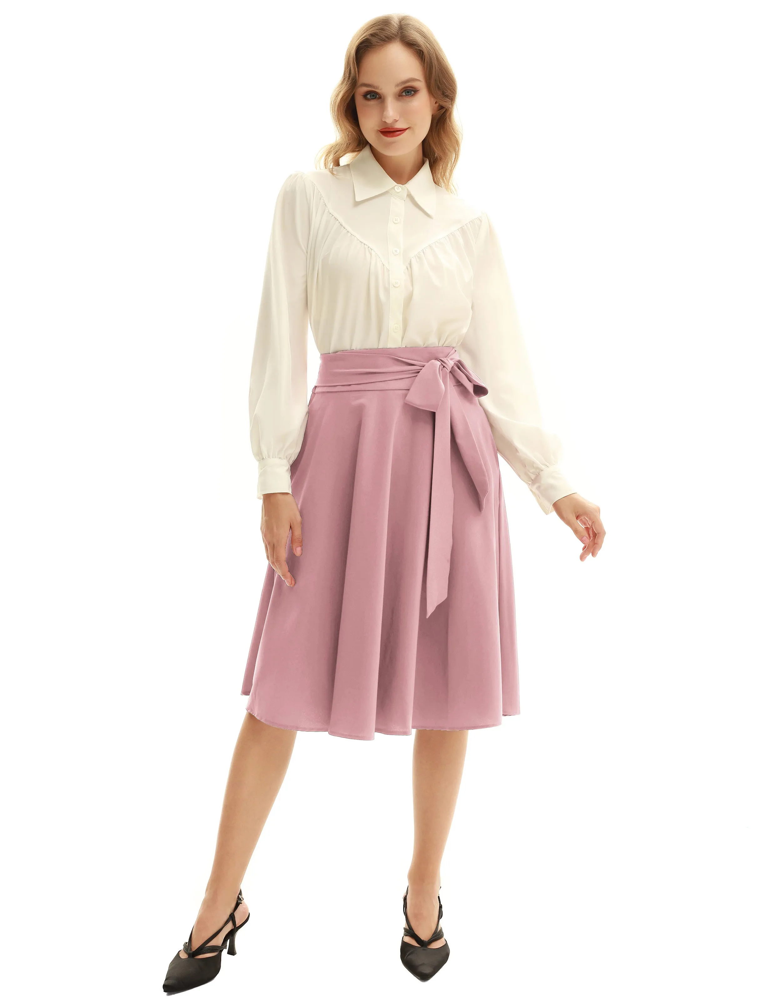 Floral Patterns Women's High Waist Bow Decorated A-Line Pockets Skirt