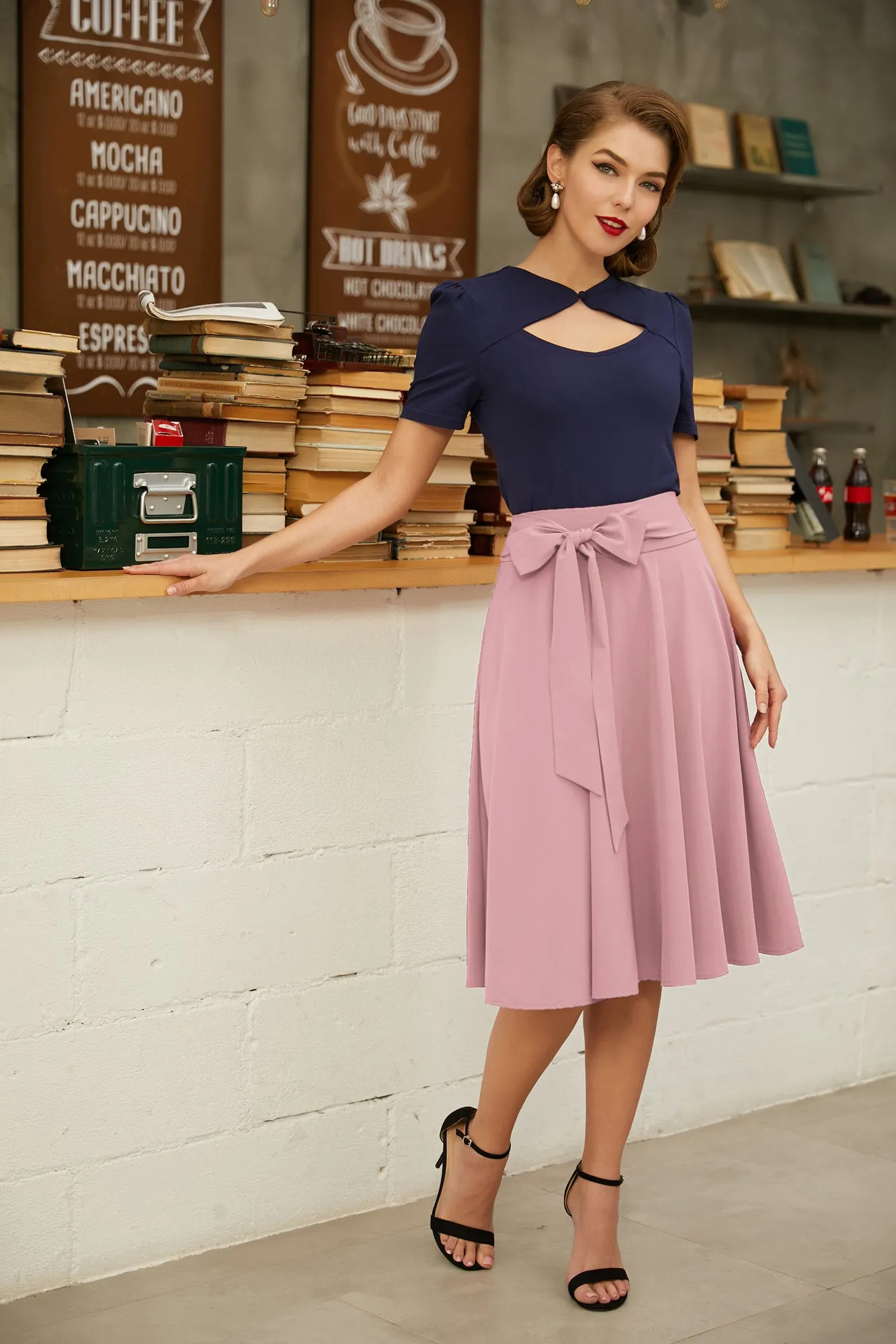 Floral Patterns Women's High Waist Bow Decorated A-Line Pockets Skirt