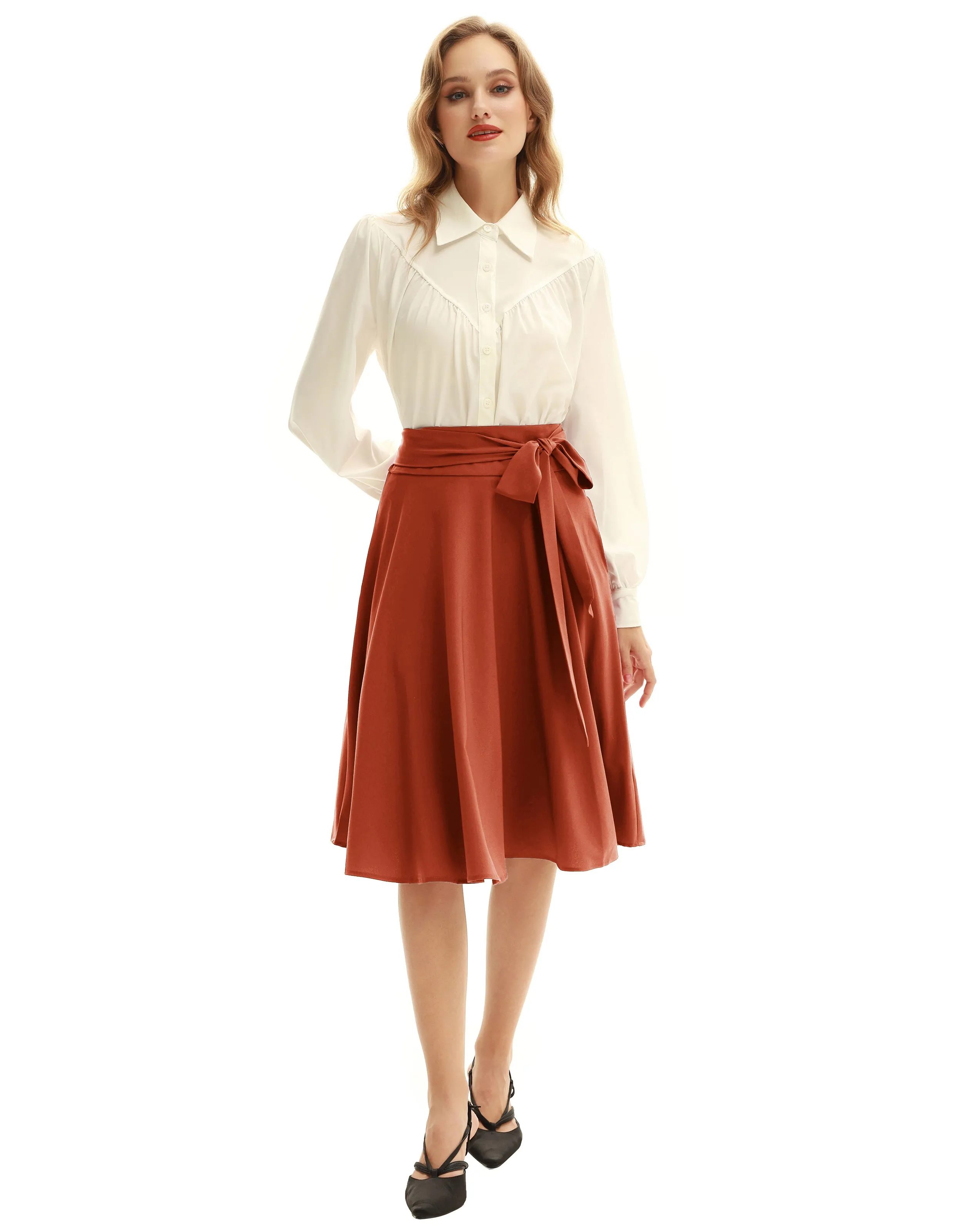 Floral Patterns Women's High Waist Bow Decorated A-Line Pockets Skirt