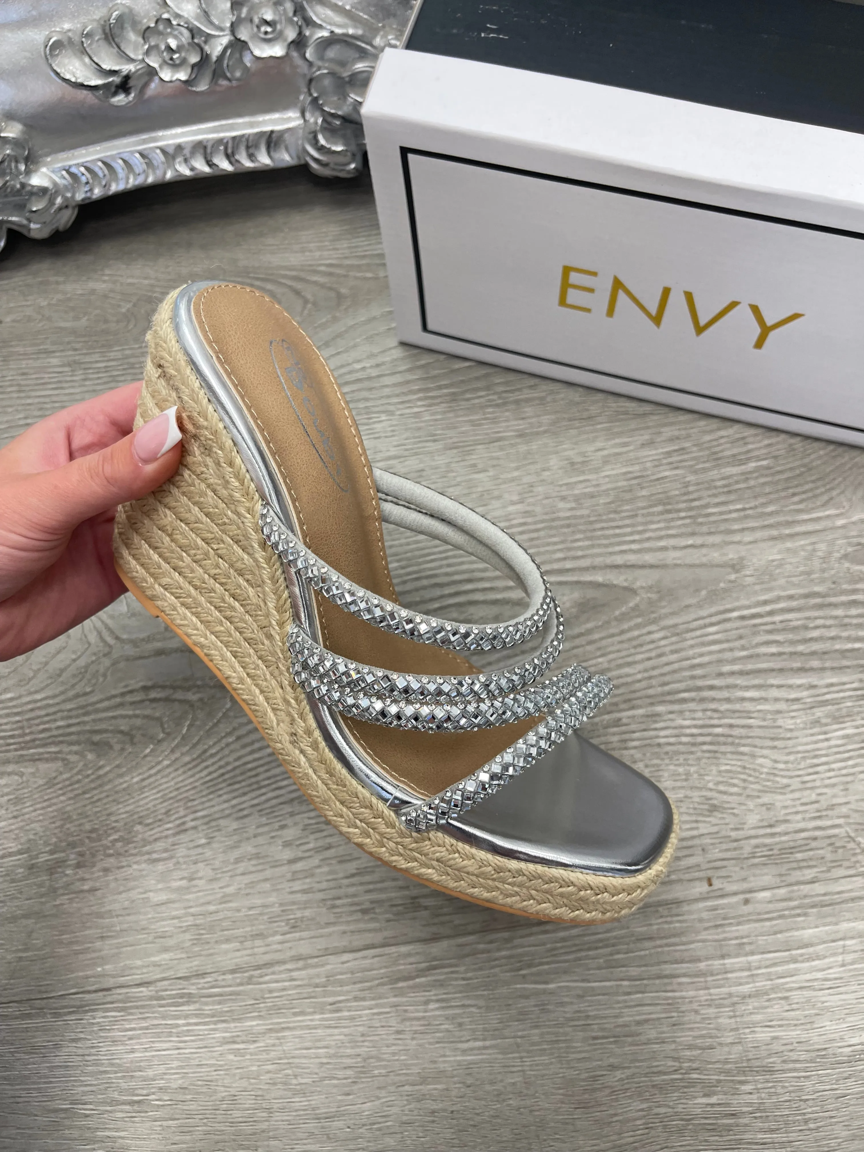 GIAVANNA STRAPPY SILVER DIAMANTE WEDGES