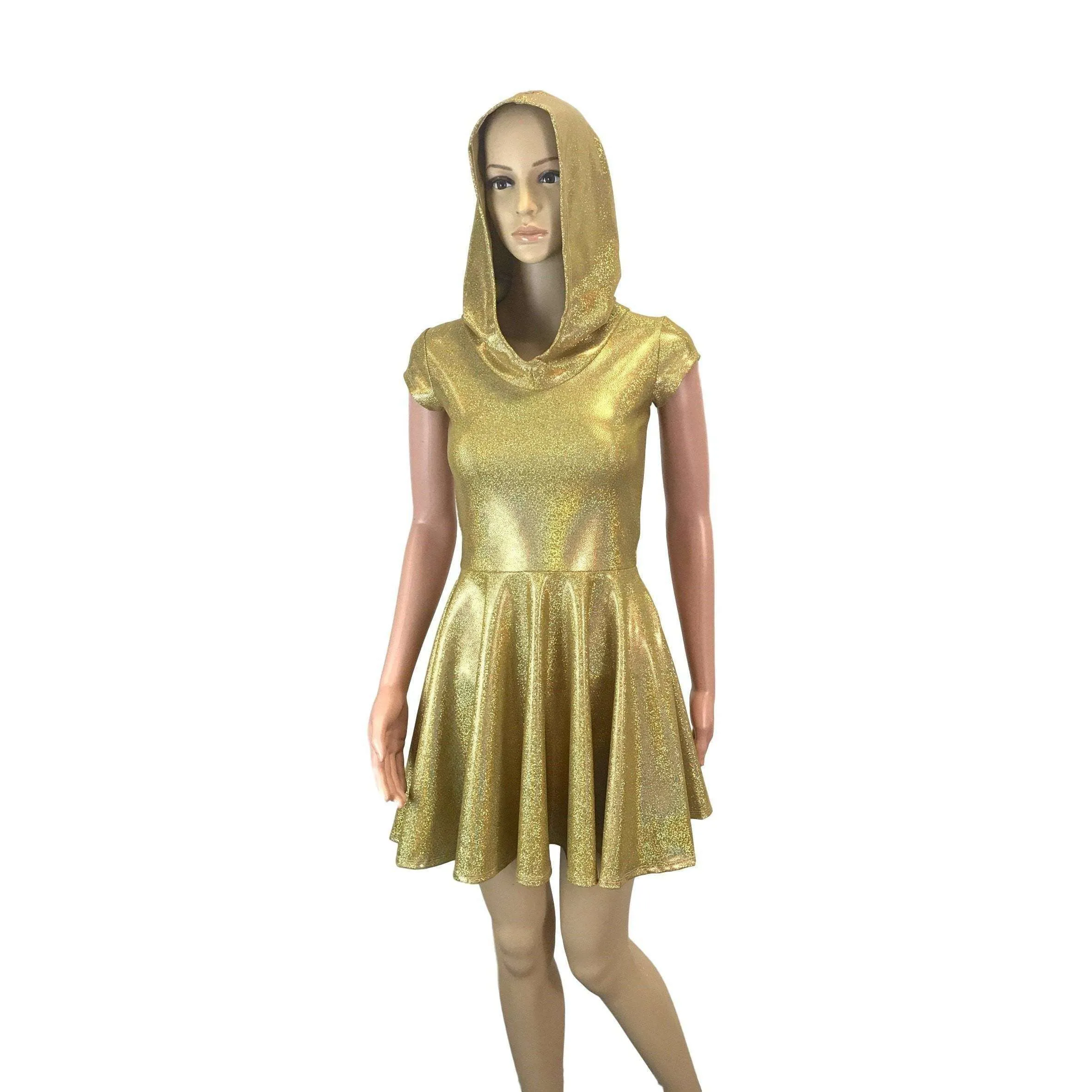 Gold Holographic Cap Sleeve Hoodie Skater Dress