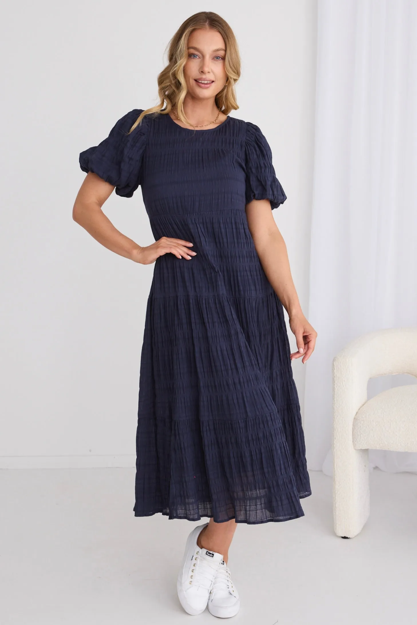 Graceful Navy Shirred Cotton Bubble Sleeve Tiered Maxi Dress