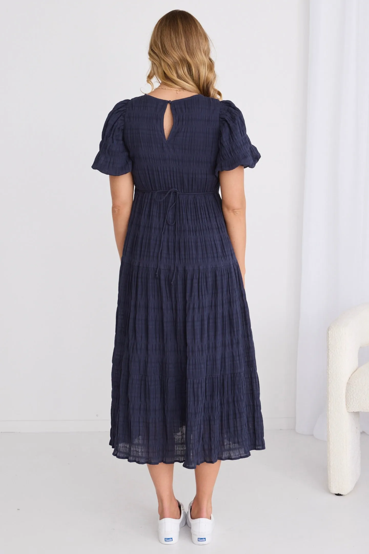 Graceful Navy Shirred Cotton Bubble Sleeve Tiered Maxi Dress