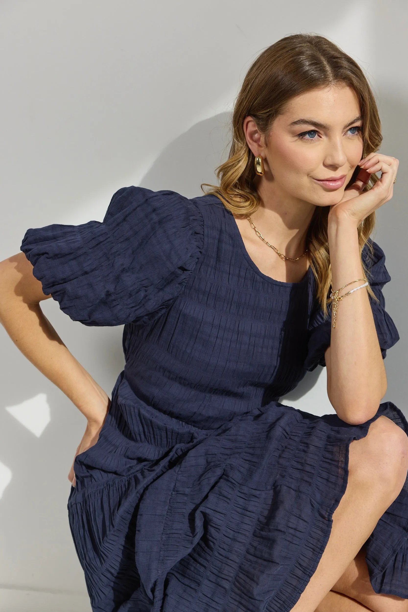 Graceful Navy Shirred Cotton Bubble Sleeve Tiered Maxi Dress