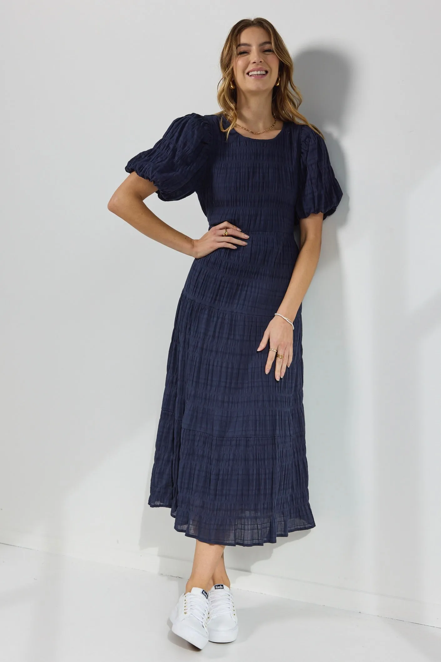 Graceful Navy Shirred Cotton Bubble Sleeve Tiered Maxi Dress