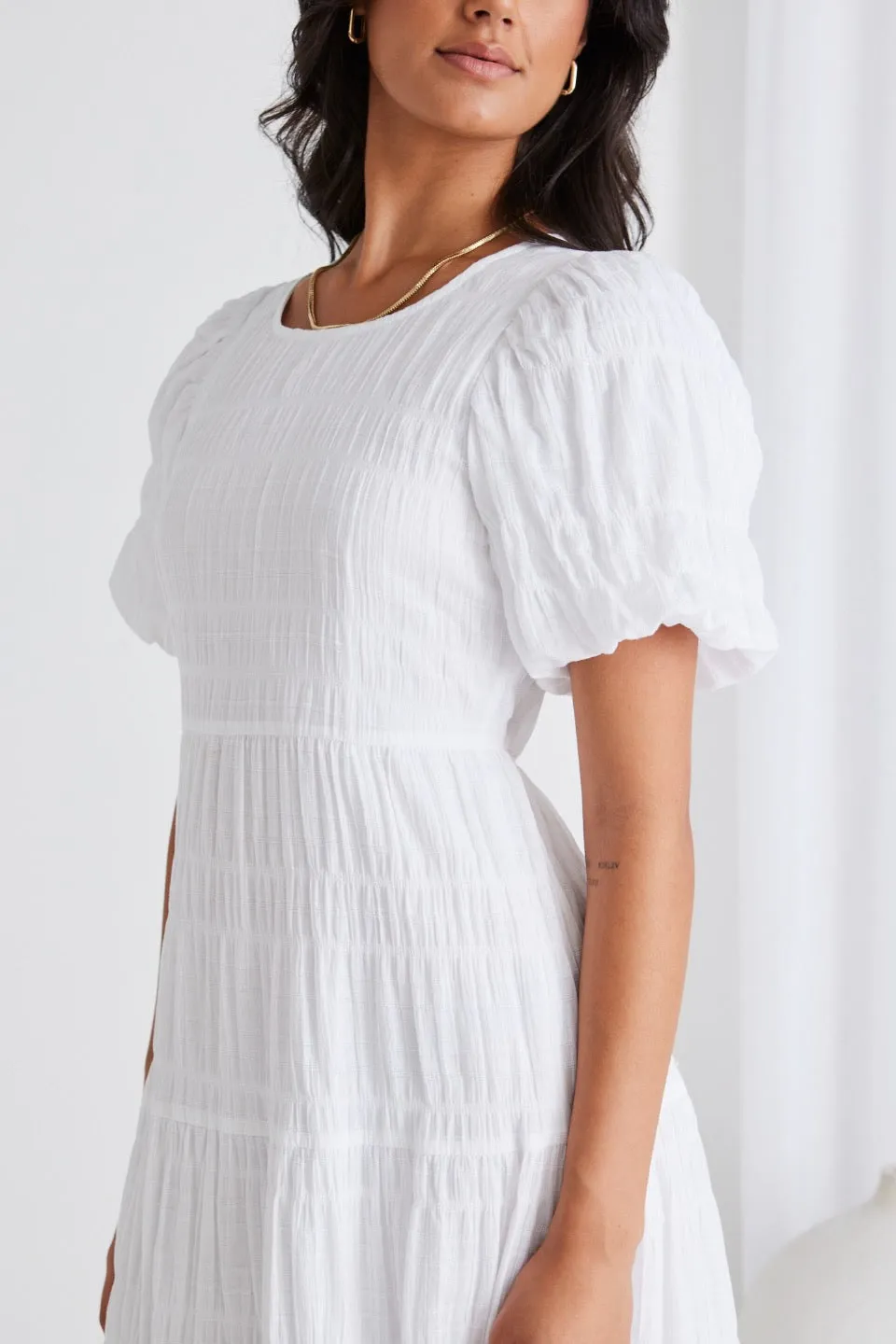 Graceful White Shirred Cotton Bubble Sleeve Tiered Maxi Dress