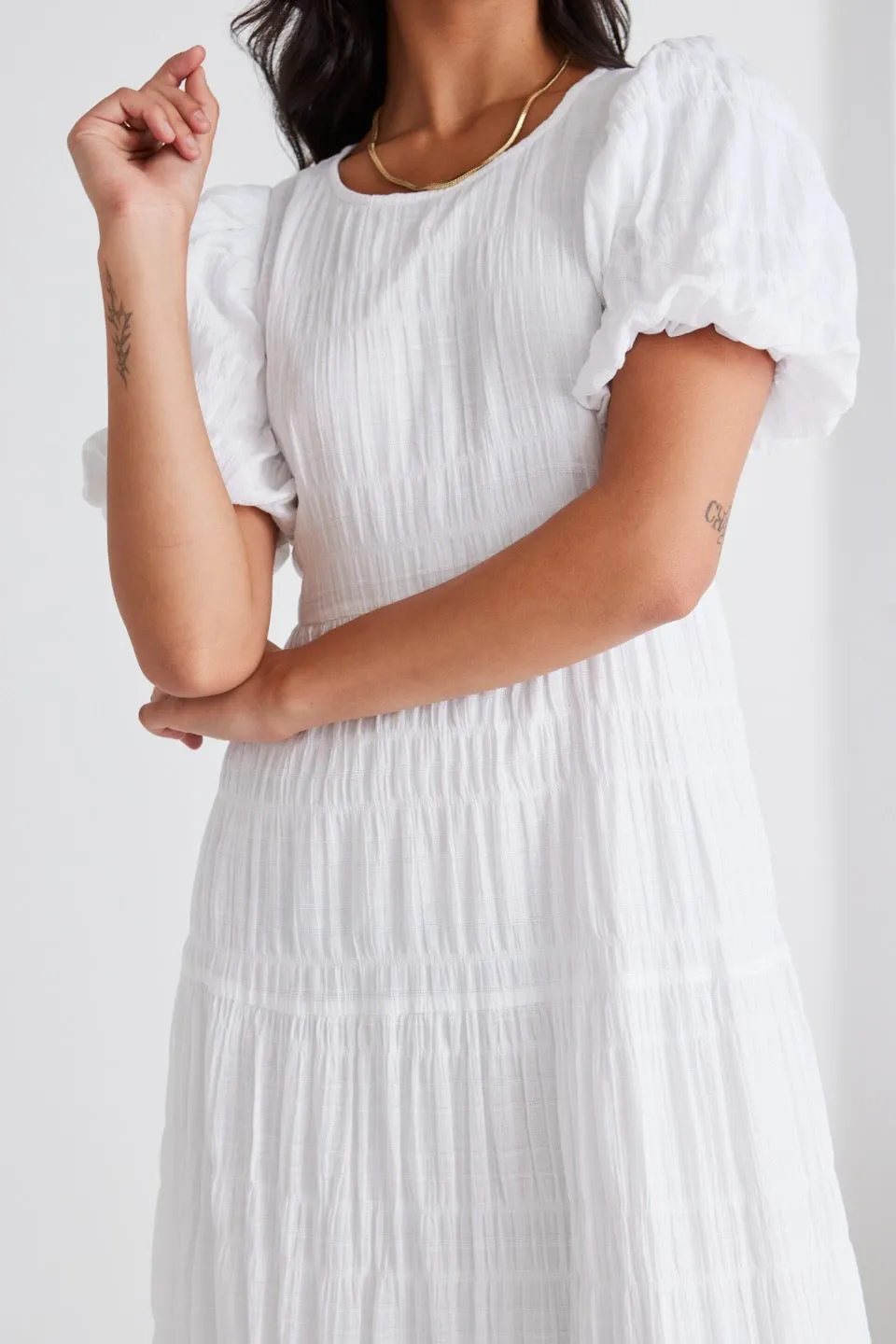 Graceful White Shirred Cotton Bubble Sleeve Tiered Maxi Dress