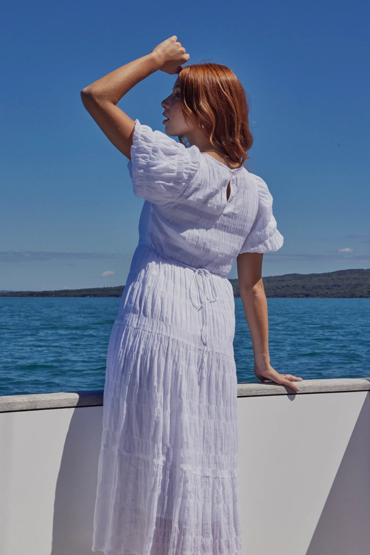 Graceful White Shirred Cotton Bubble Sleeve Tiered Maxi Dress