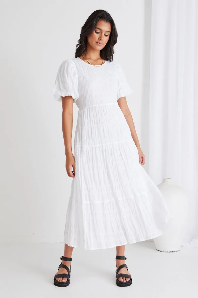 Graceful White Shirred Cotton Bubble Sleeve Tiered Maxi Dress
