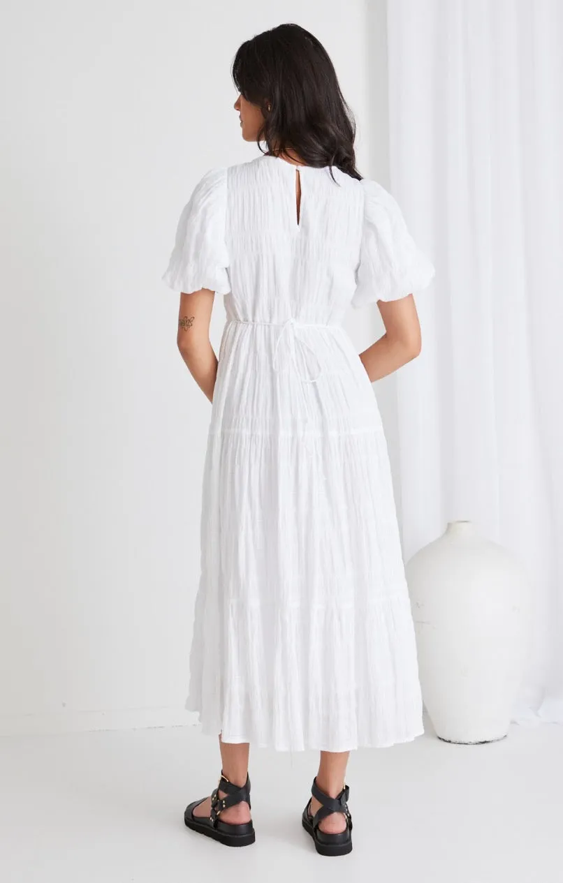 Graceful White Shirred Cotton Bubble Sleeve Tiered Maxi Dress