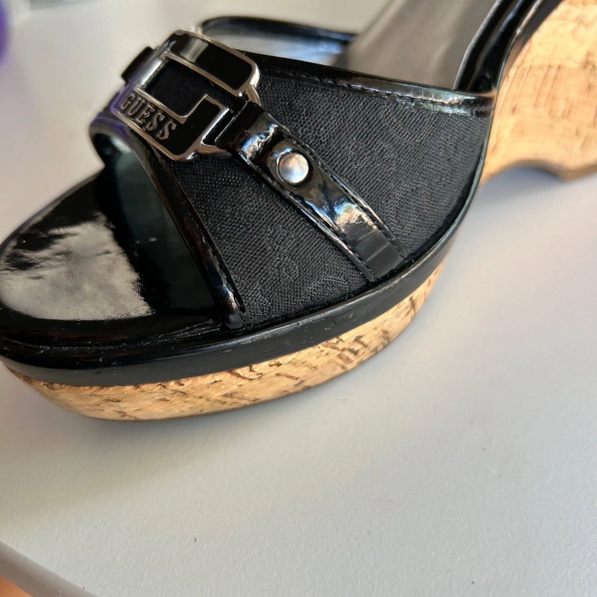 Guess "Hayworth" Platform Wedge Slip On Sandals in Black,  Women's Size 7