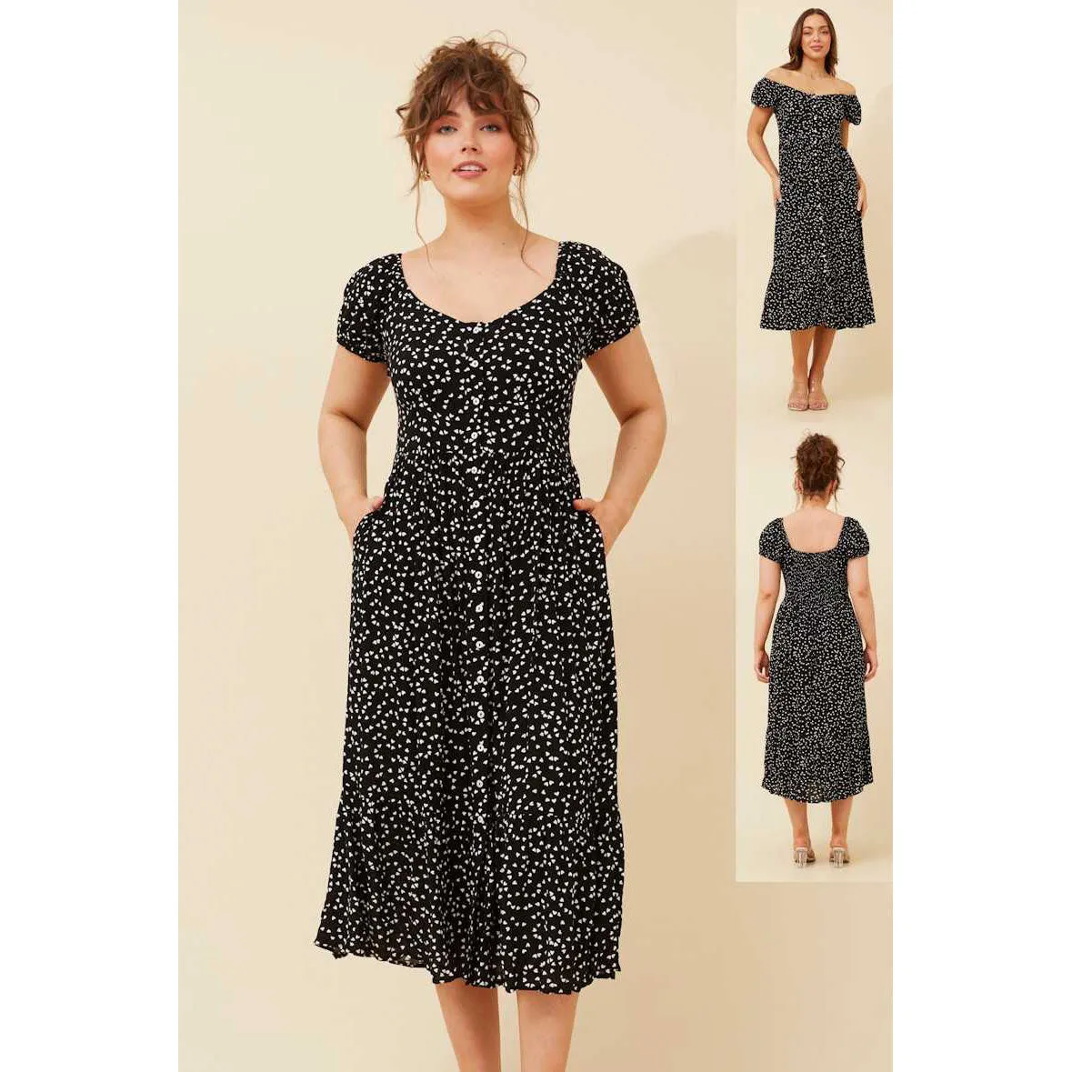 Heart printed Midi Dress - Black