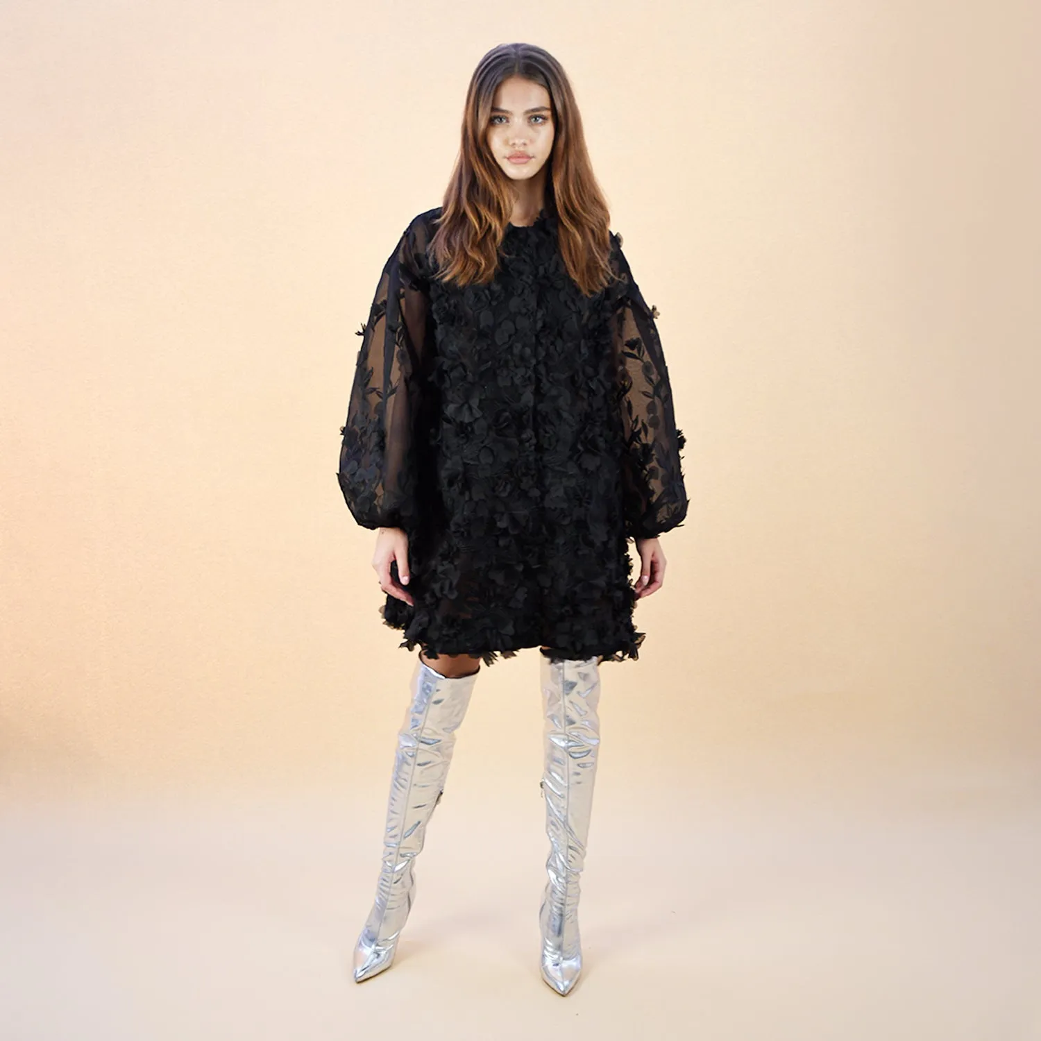 Hinata Noir 3D Floral Coat Dress