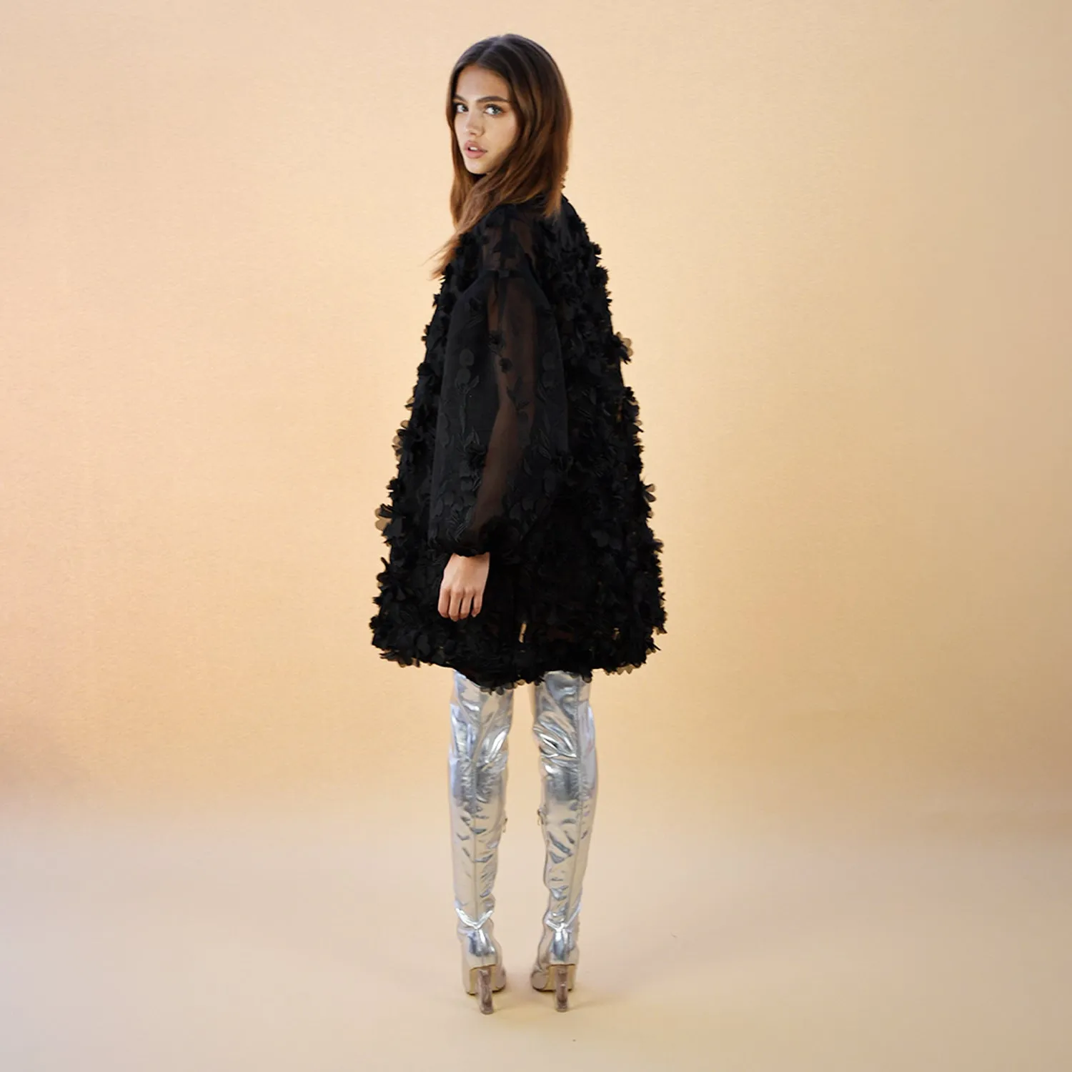 Hinata Noir 3D Floral Coat Dress