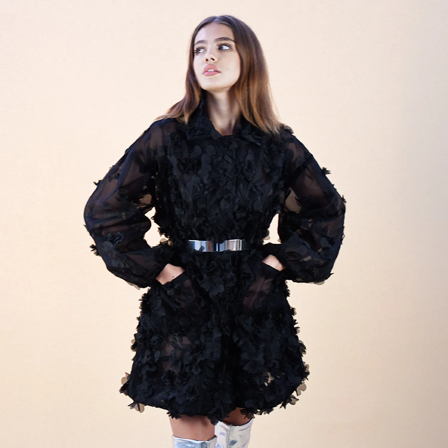 Hinata Noir 3D Floral Coat Dress