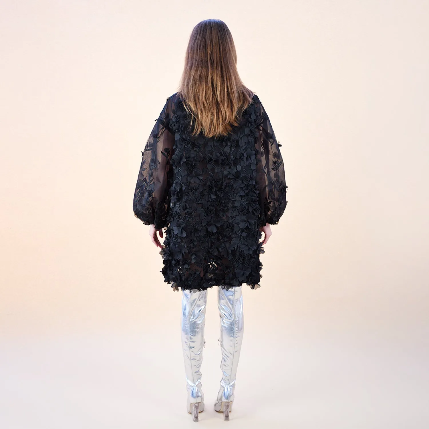 Hinata Noir 3D Floral Coat Dress