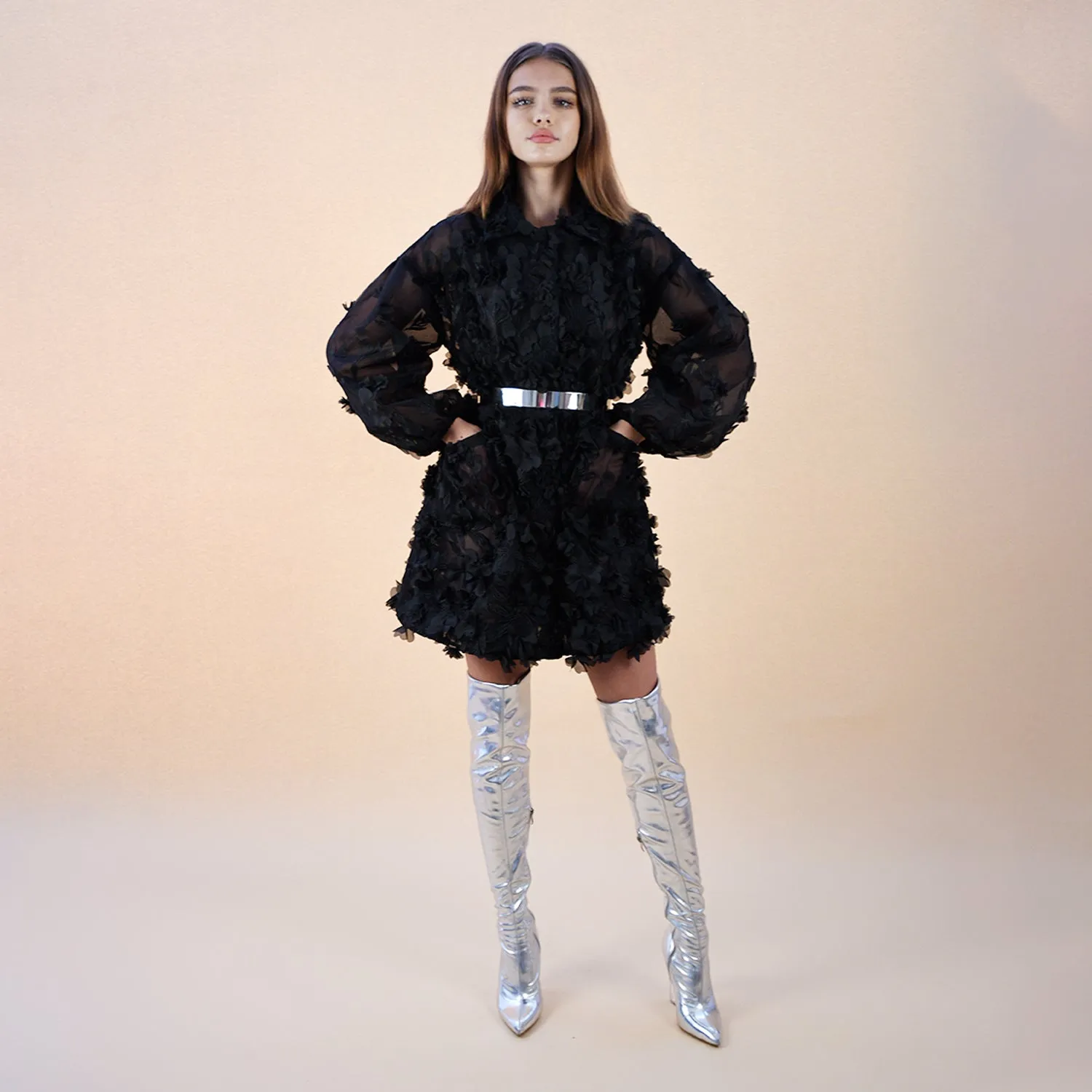 Hinata Noir 3D Floral Coat Dress