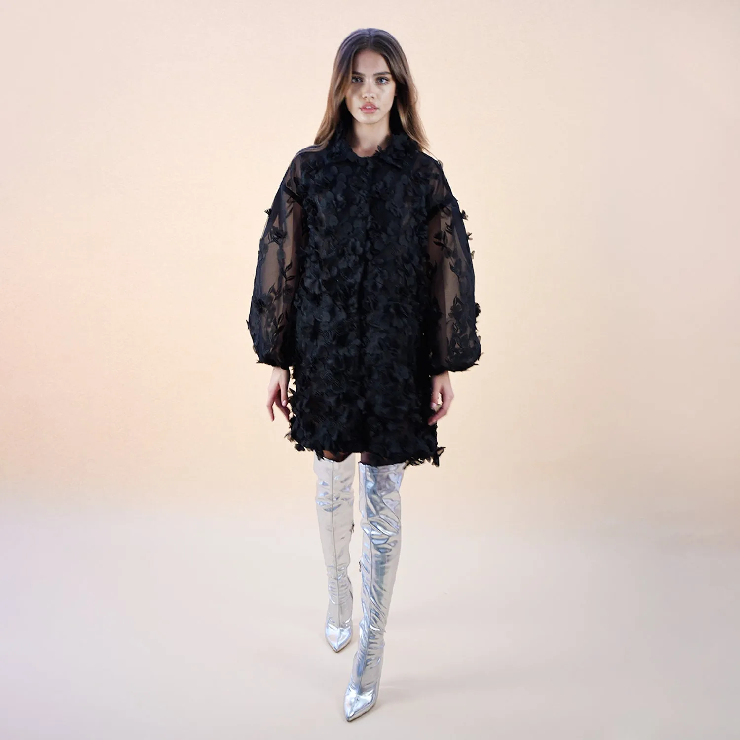 Hinata Noir 3D Floral Coat Dress