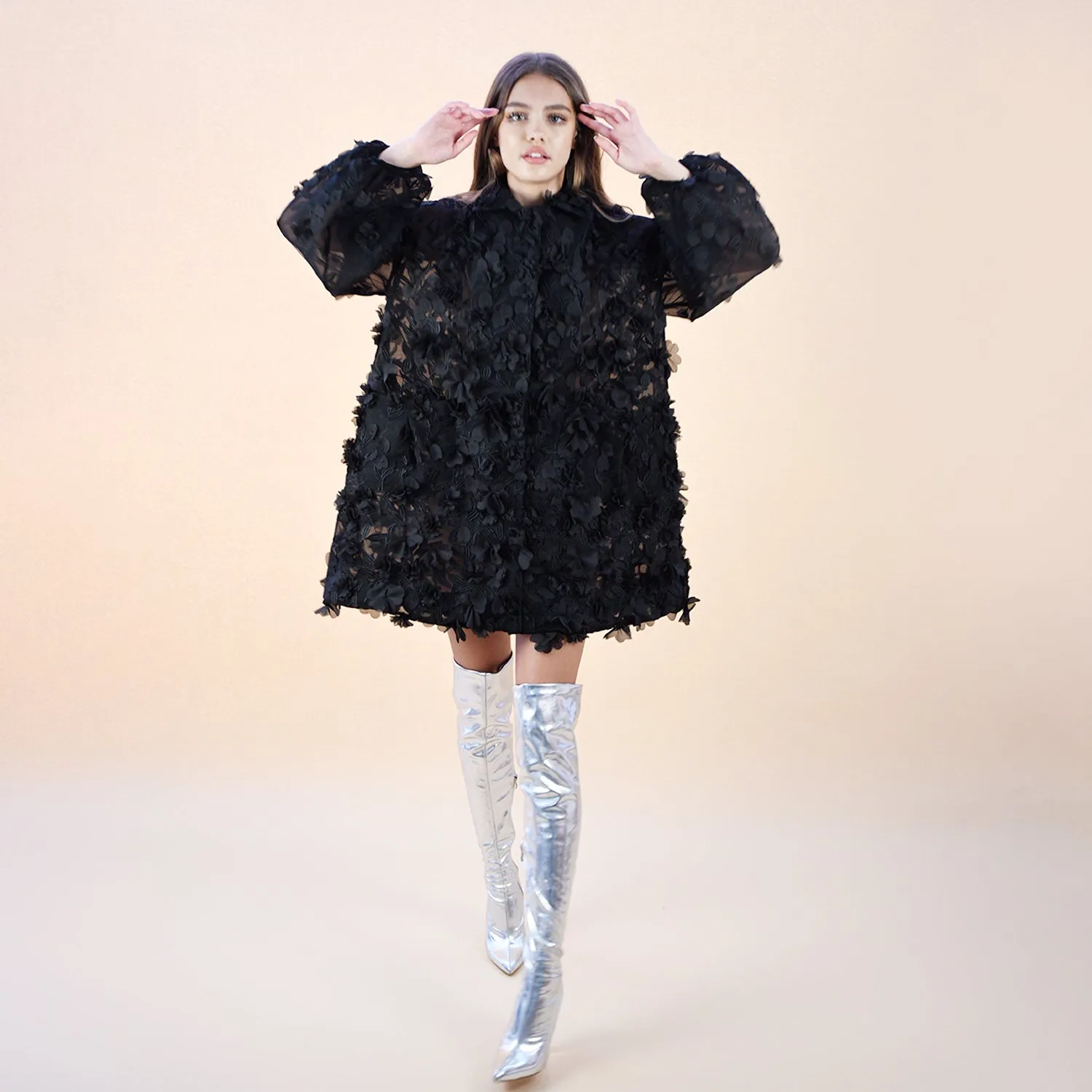 Hinata Noir 3D Floral Coat Dress