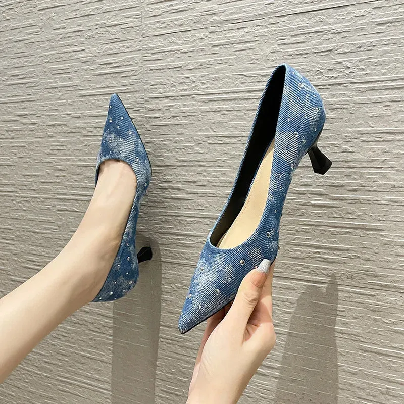 Hnzxzm Denim High Heel Women Pointed Toe Pump Elegant Office Shoes 2024 New Blue Fashions Designer Rhinestone Cowboy Low Heel Pumps