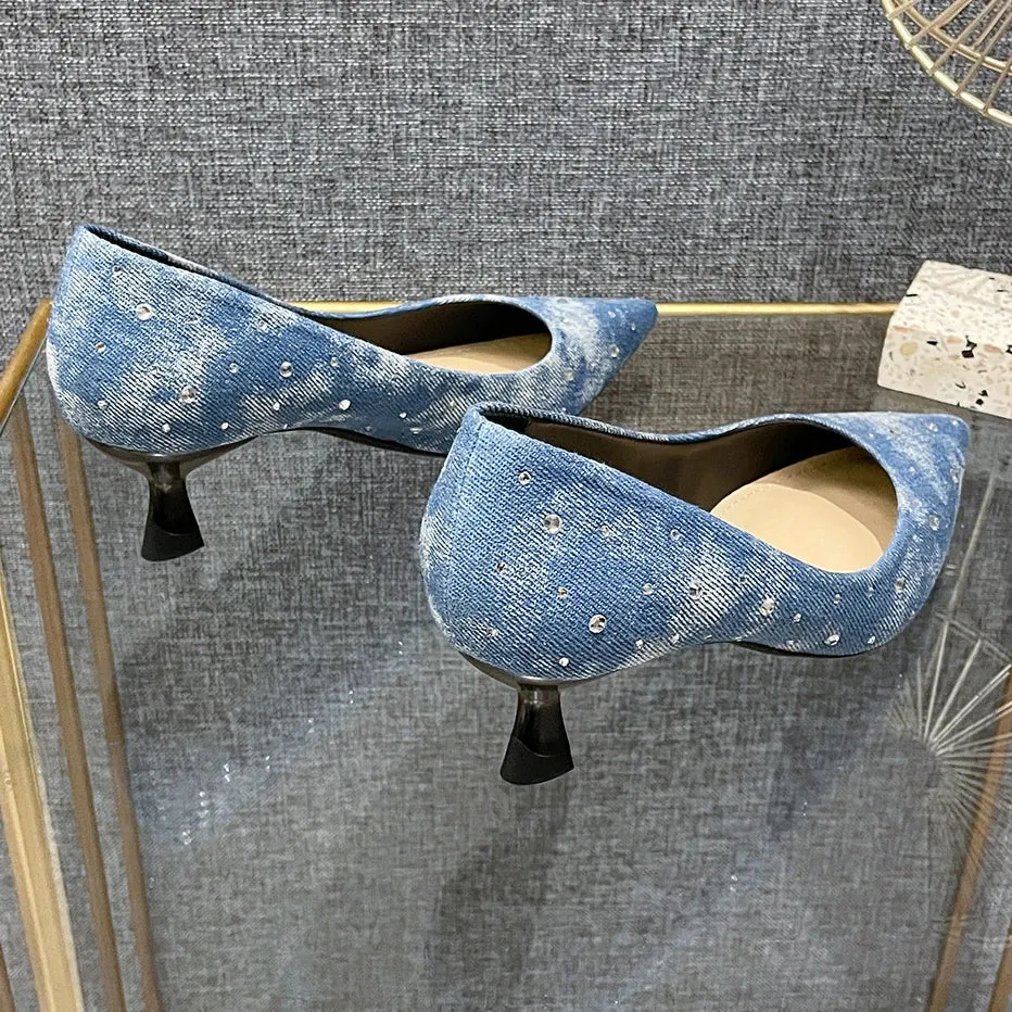 Hnzxzm Denim High Heel Women Pointed Toe Pump Elegant Office Shoes 2024 New Blue Fashions Designer Rhinestone Cowboy Low Heel Pumps