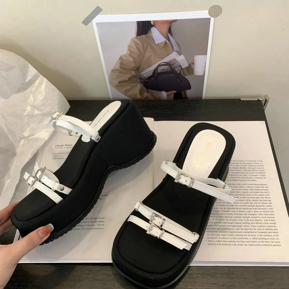Hnzxzm Narrow Band Women Slippers Wedge High Heels Platform Shoes Black White Summer Outside Slides Fashion Dress Shoes Party Pumps 39