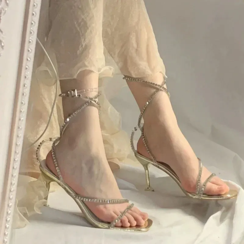 Hnzxzm Sexy Crystal Strapless High Heels Women's Sandals Fine Wedge Hollow Mesh Slippers Chain Strap Back Strap Rubber Outsole