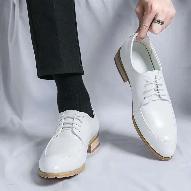 Hnzxzm White Fashion Men's Wedding Leather Shoes Lace-up Black Business Shoes Italy Style Point-Toe Dress Shoes Luxury Soft Wood Oxford