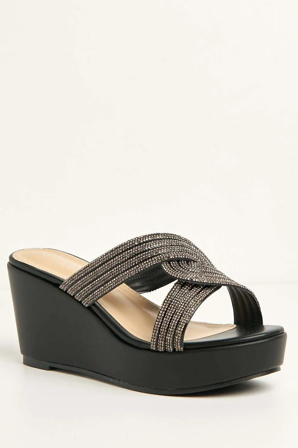 Hollie Diamante Embellished Wedge Mules in Black