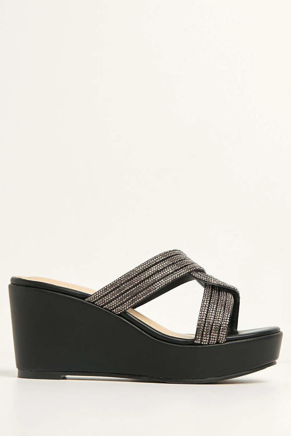 Hollie Diamante Embellished Wedge Mules in Black