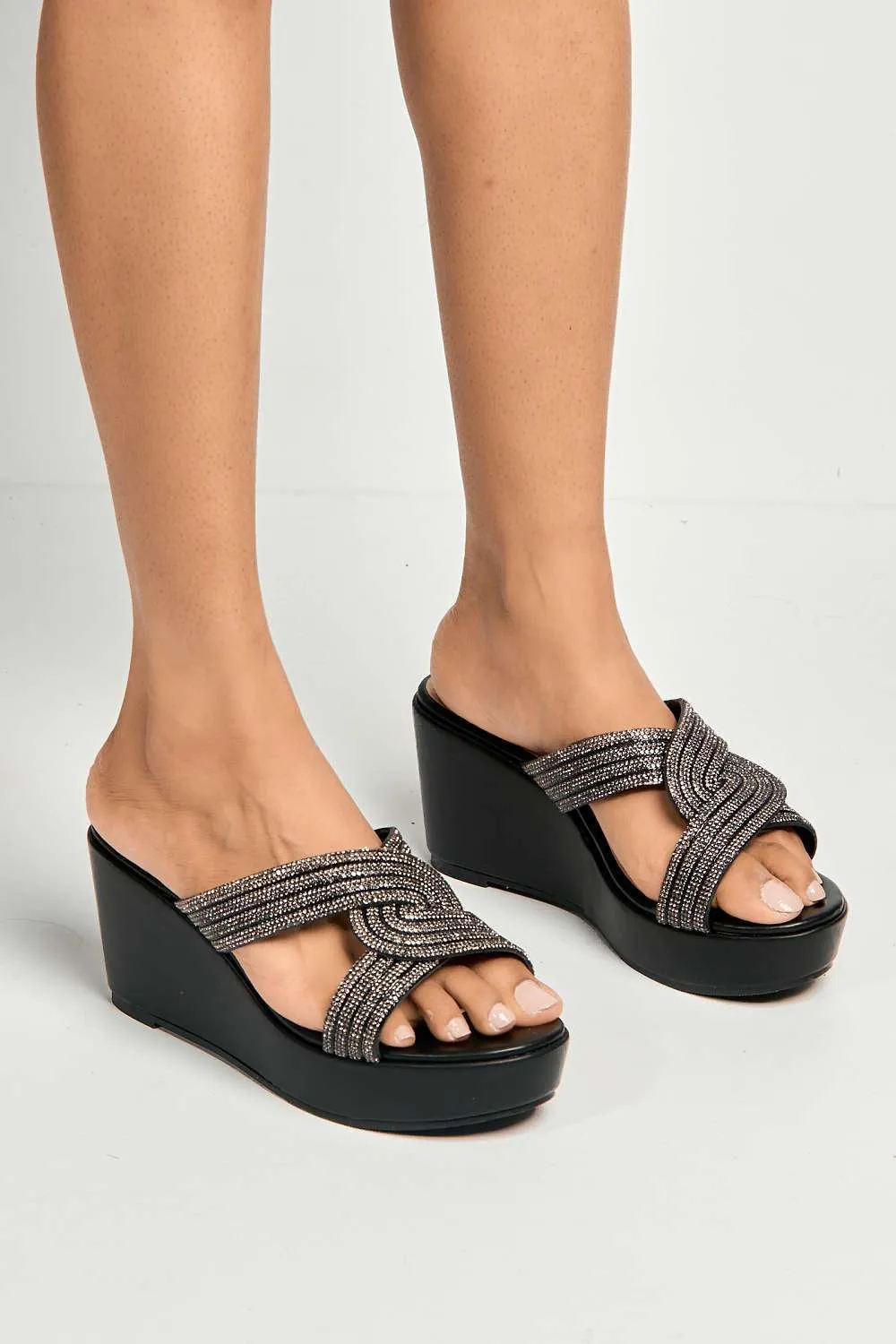 Hollie Diamante Embellished Wedge Mules in Black