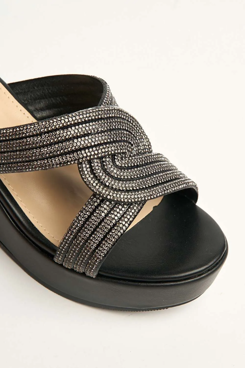 Hollie Diamante Embellished Wedge Mules in Black