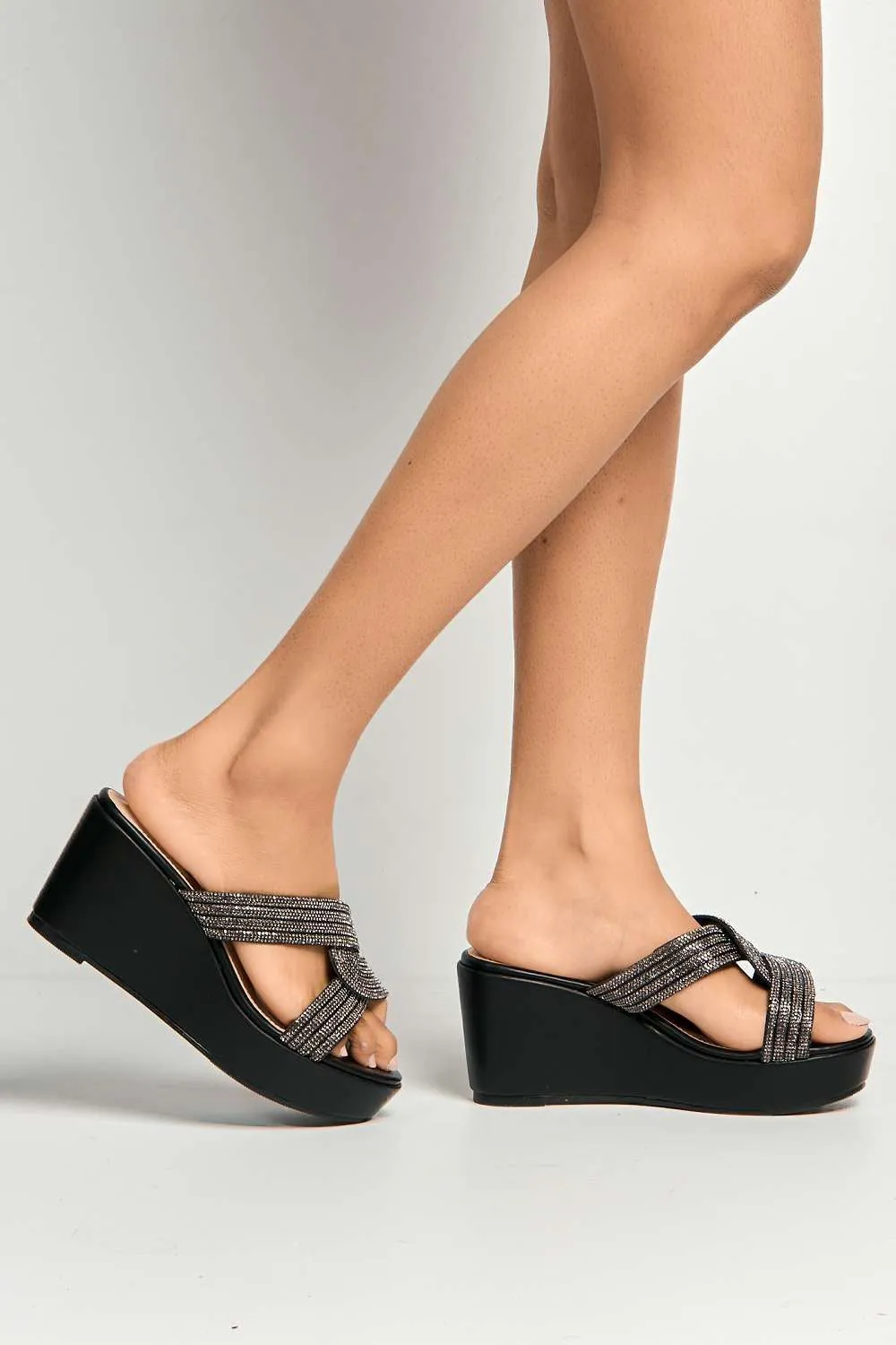 Hollie Diamante Embellished Wedge Mules in Black