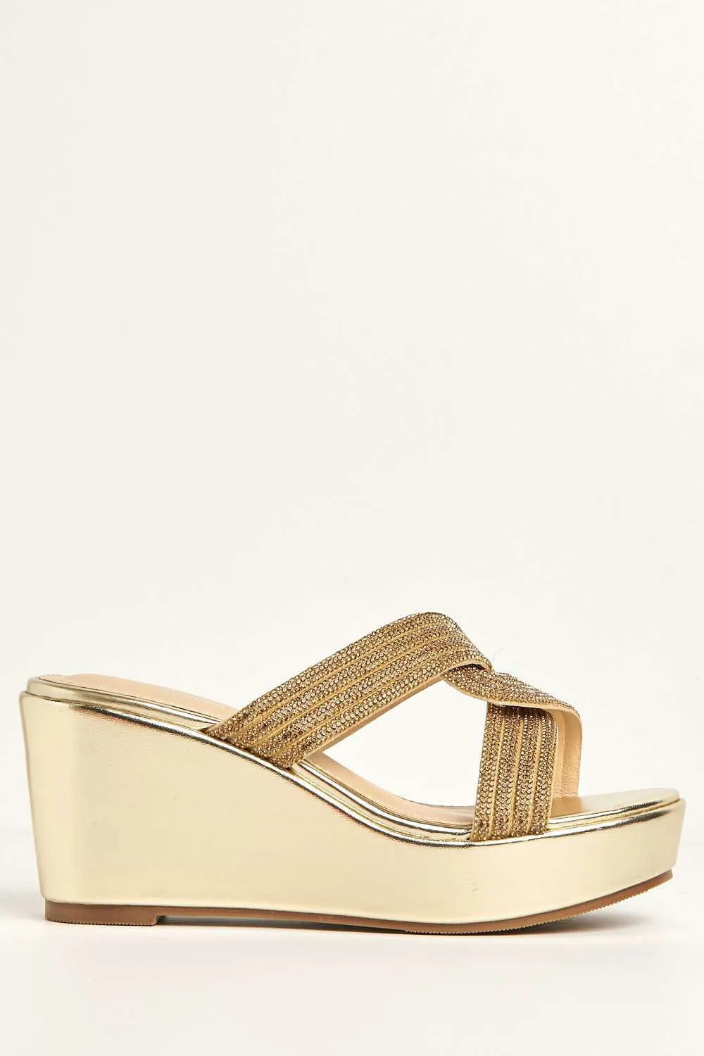 Hollie Diamante Embellished Wedge Mules in Gold