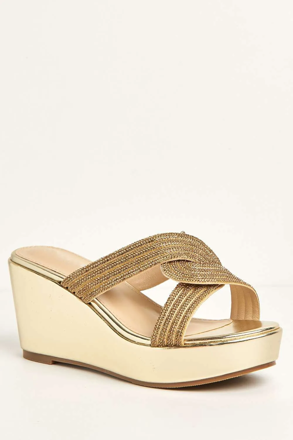 Hollie Diamante Embellished Wedge Mules in Gold