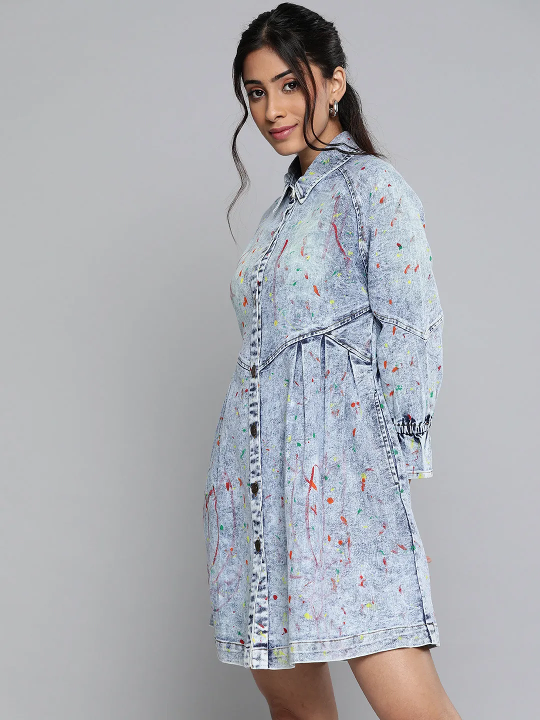 Ice Blue Multicolor Paint Front Open Skater Dress