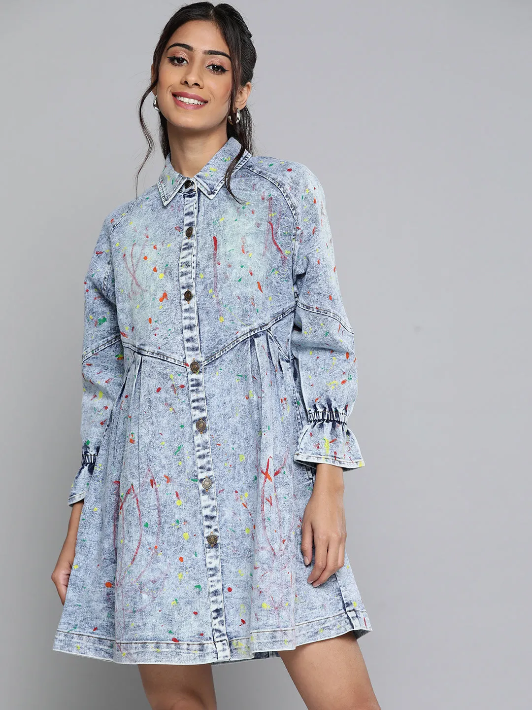 Ice Blue Multicolor Paint Front Open Skater Dress