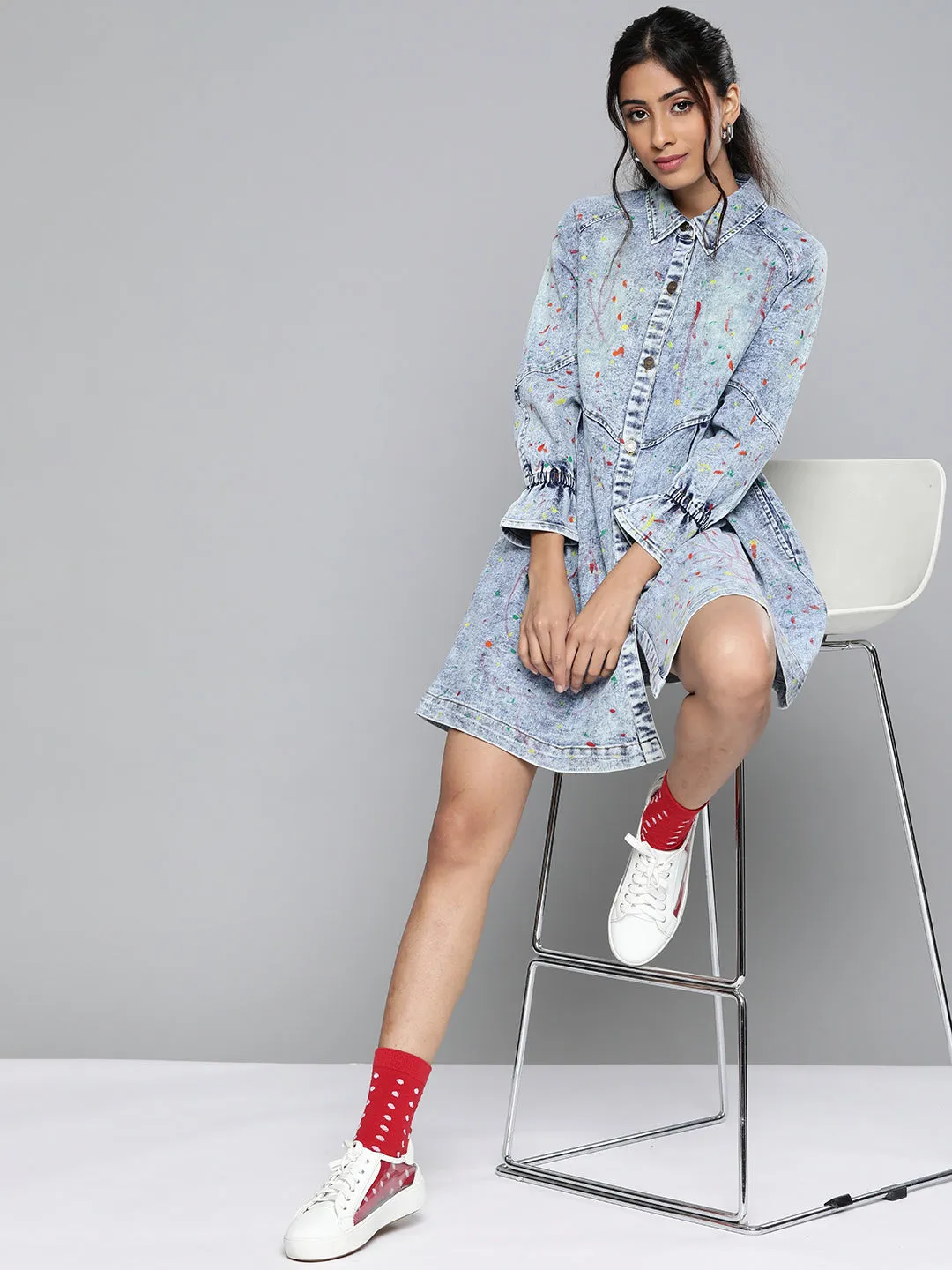 Ice Blue Multicolor Paint Front Open Skater Dress