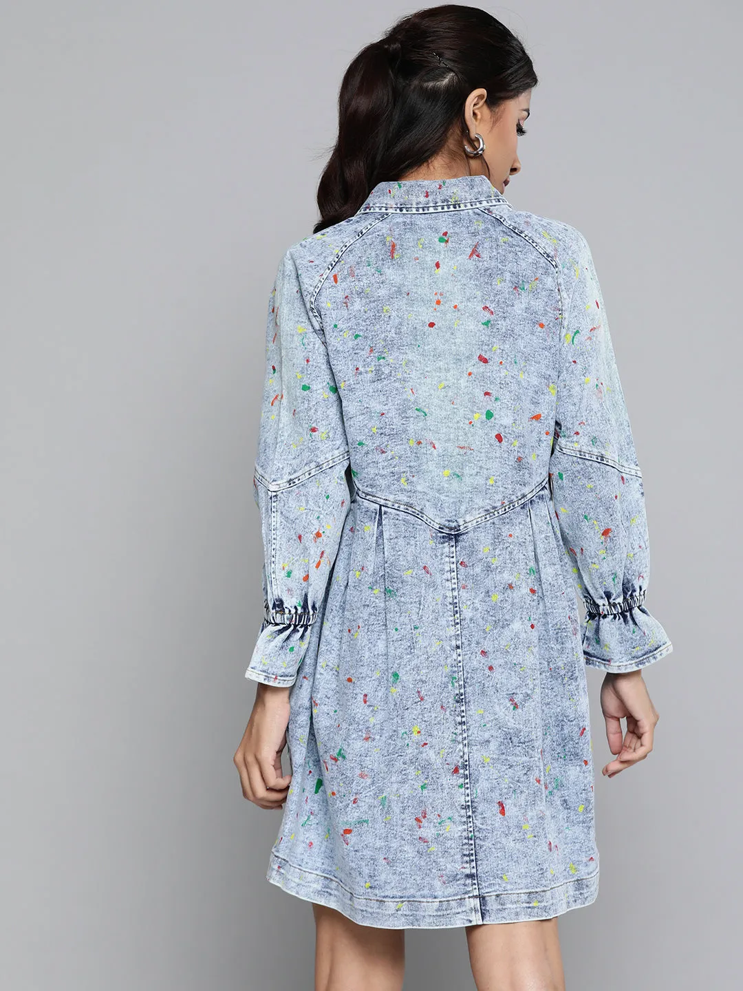Ice Blue Multicolor Paint Front Open Skater Dress
