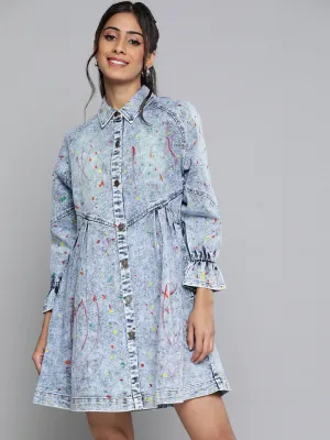 Ice Blue Multicolor Paint Front Open Skater Dress